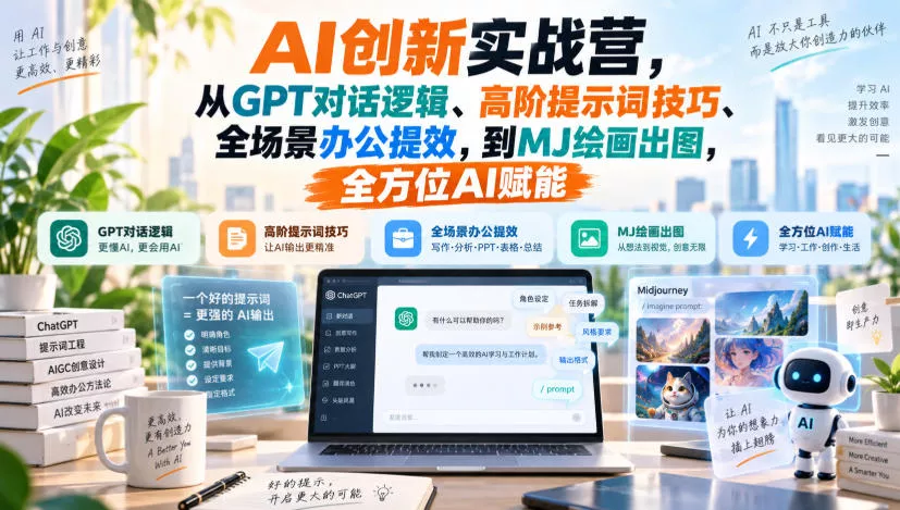AI创新实战营，从GPT对话逻辑、高阶提示词技巧、全场景办公提效，到MJ绘画出图，全方位AI赋能客创社区-专注互联网轻资产资源整合与分享客创社区-专注互联网轻资产资源整合与分享