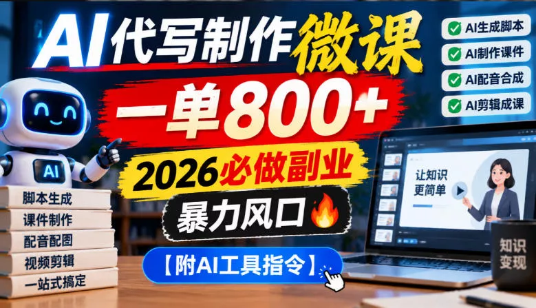 AI代写制作微课,一单800+,2026必做副业,暴力风口【附AI工具指令】【揭秘】-第一人副业终点站