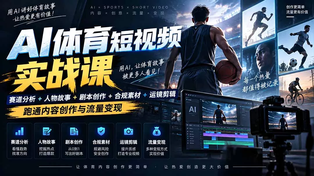 AI体育短视频赛道高配玩法｜赛道分析+人物故事+剧本创作+版权处理+运镜剪辑，跑通流量变现-日赚1K+ 《鱼见海科技》-鱼见海资源网-免费PHP网站源码模板,插件软件网创AI智能体资源分享平台！