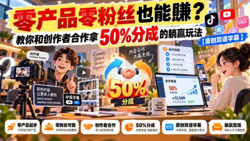 【无水印】零产品零粉丝也能賺？教你和创作者合作拿50%分成的躺赢玩法【原创双语字幕】 《鱼见海科技》-鱼见海资源网-免费PHP网站源码模板,插件软件网创AI智能体资源分享平台！