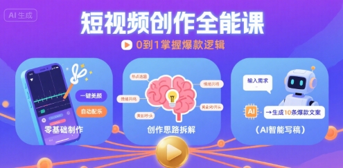 短视频创作课，短视频制作、创作思路、Ai写爆款文案-客创社 - 专注互联网轻资产创业及网络项目资源整合与分享客创社-免费且强大的项目分享网站！