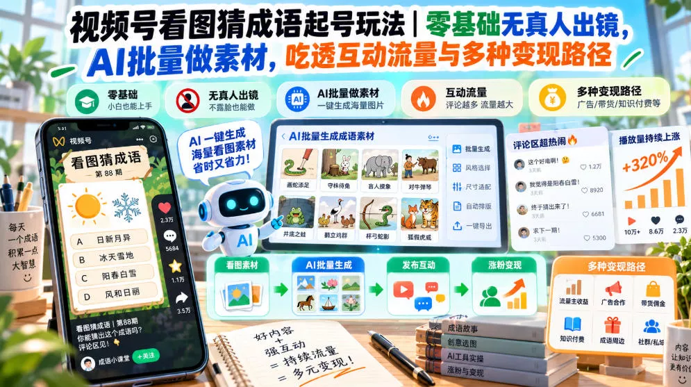 视频号看图猜成语起号玩法|零基础无真人出镜,AI批量做素材,吃透互动流量与多种变现路径 视频号看图猜成语起号玩法|零基础无真人出镜,AI批量做素材,吃透互动流量与多种变现路径