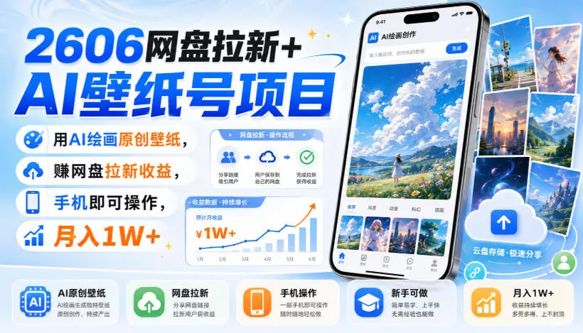 2606网盘拉新+AI壁纸号项目，用AI绘画原创壁纸，賺网盘拉新收益，手机即可操作，月入1W+-鱼见海资源网-免费PHP网站源码模板,插件软件网创AI智能体资源分享平台！