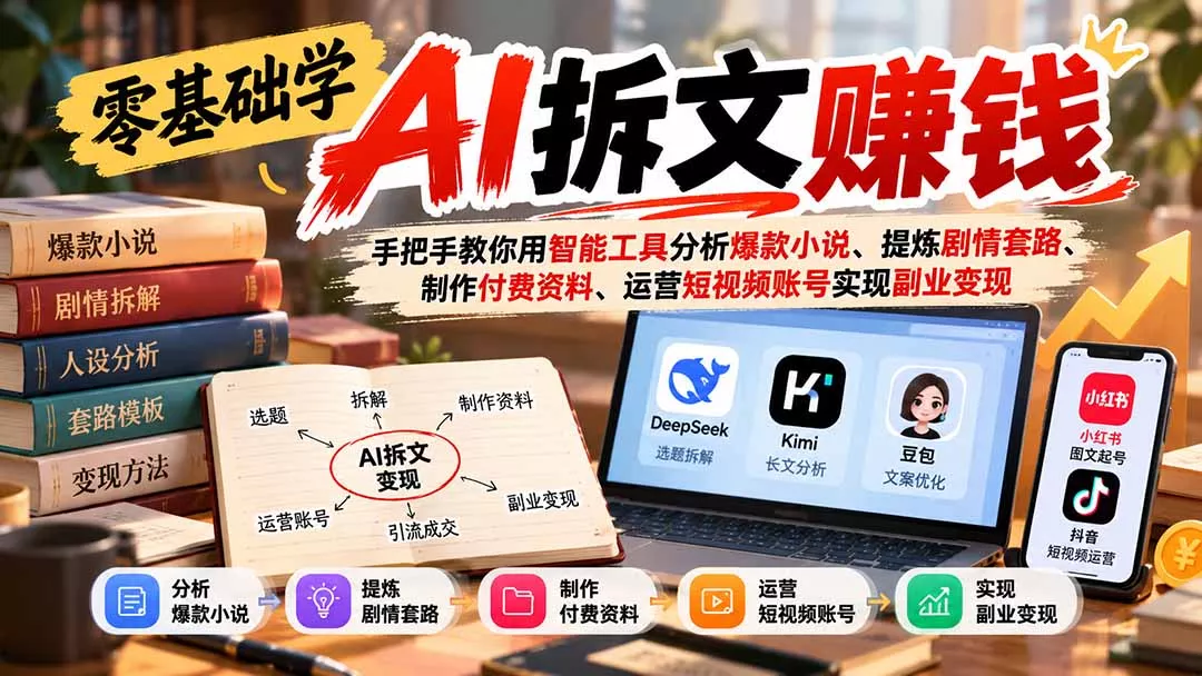 零基础学AI拆文赚钱:手把手教你用智能工具分析爆款小说、提炼剧情套路、制作付费资料、运营短视频账号实现副业变现-第一人副业终点站