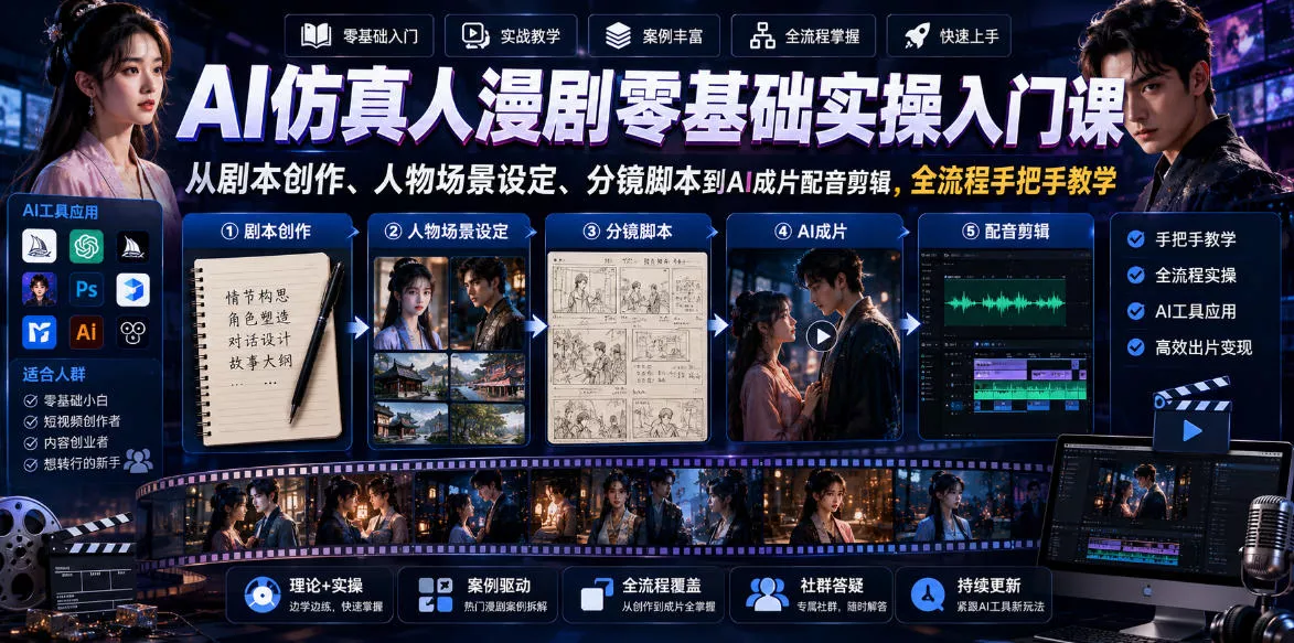 AI仿真人漫剧零基础实操入门课，从剧本创作、人物场景设定、分镜脚本到AI成片配音剪辑，全流程手把手教学客创社区-专注互联网轻资产资源整合与分享客创社区-专注互联网轻资产资源整合与分享