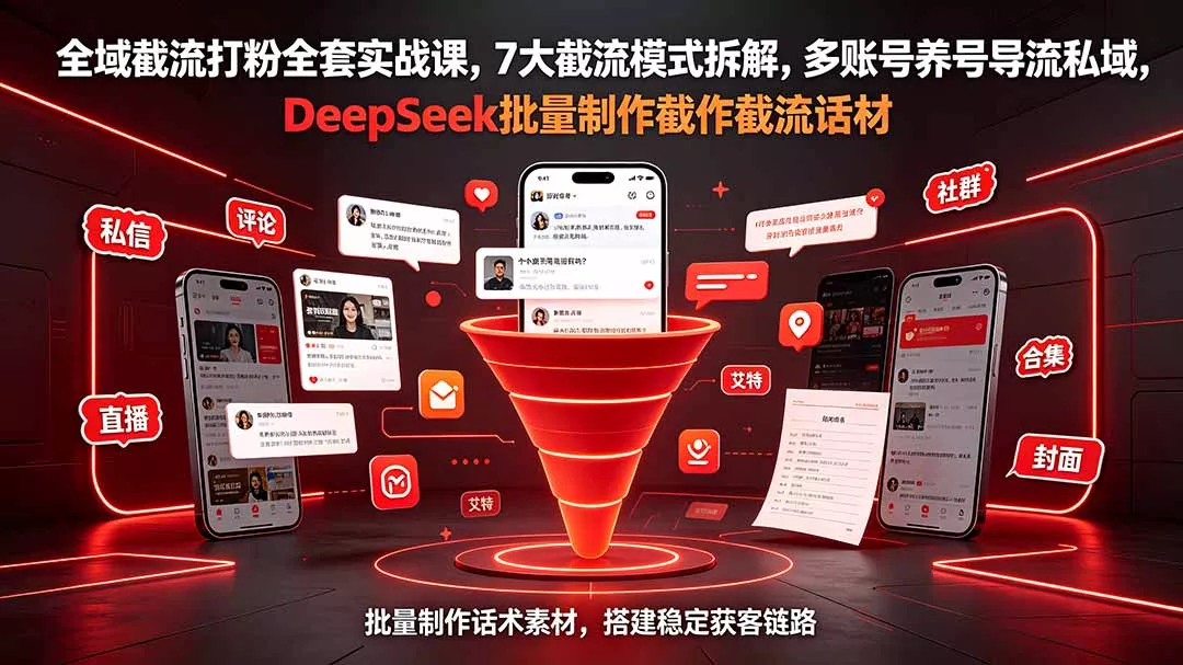 全域截流打粉全套实战课，7大截流模式拆解，多账号养号导流私域，DeepSeek批量制作截流话术素材-鱼见海资源网-免费PHP网站源码模板,插件软件网创AI智能体资源分享平台！