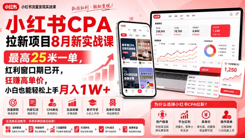 小红书CPA拉新项目8月新实战课，最高25米一单，红利窗口期已开，狂賺高单价，小白也能轻松上手月入1W+ 《鱼见海科技》-鱼见海资源网-免费PHP网站源码模板,插件软件网创AI智能体资源分享平台！