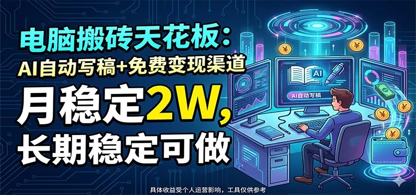 电脑搬砖天花板：AI自动写稿+免费变现渠道，月稳定2W，长期稳定可做客创社区-专注互联网轻资产资源整合与分享客创社区-专注互联网轻资产资源整合与分享