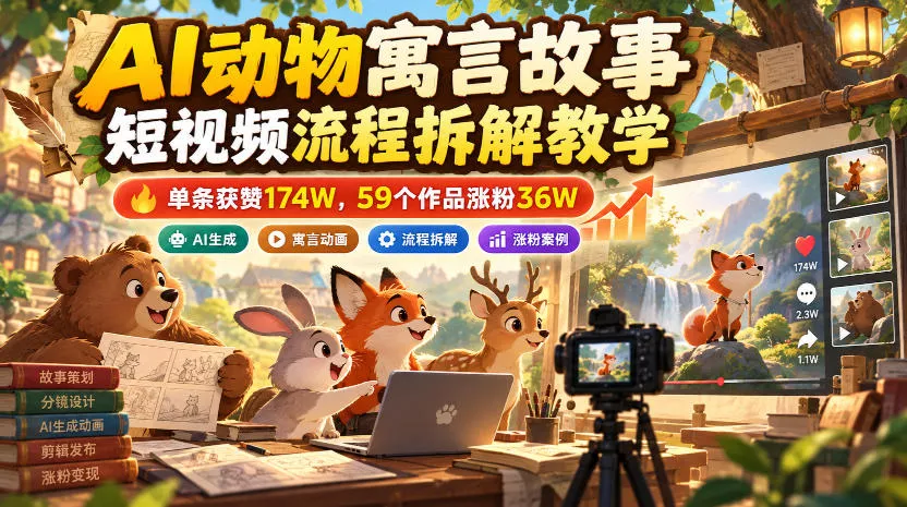 AI动物寓言故事短视频流程拆解教学，单条获赞174W，59个作品涨粉36W客创社区-专注互联网轻资产资源整合与分享客创社区-专注互联网轻资产资源整合与分享