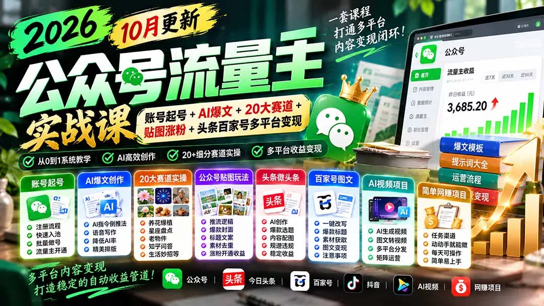2026公众号流量主实战课-10月更新：账号起号+AI爆文+20