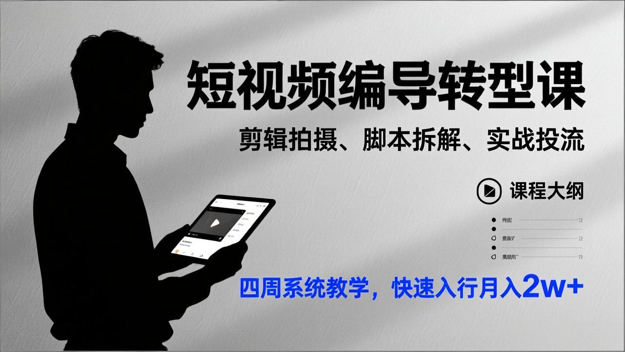 短视频编导转型课，剪辑拍摄、脚本拆解、实战投流，四周系统教学，快速入行月入2w+客创社区-专注互联网轻资产资源整合与分享客创社区-专注互联网轻资产资源整合与分享