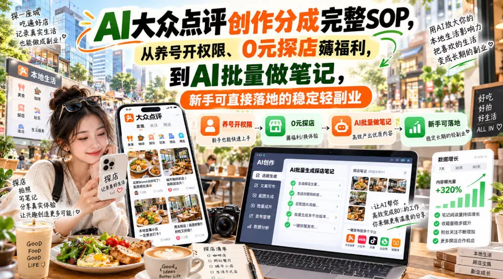【无水印】AI大众点评创作分成完整SOP，从养号开权限、0元探店薅福利，到AI批量做笔记，新手可直接落地的稳定轻副业 《鱼见海科技》-鱼见海资源网-免费PHP网站源码模板,插件软件网创AI智能体资源分享平台！
