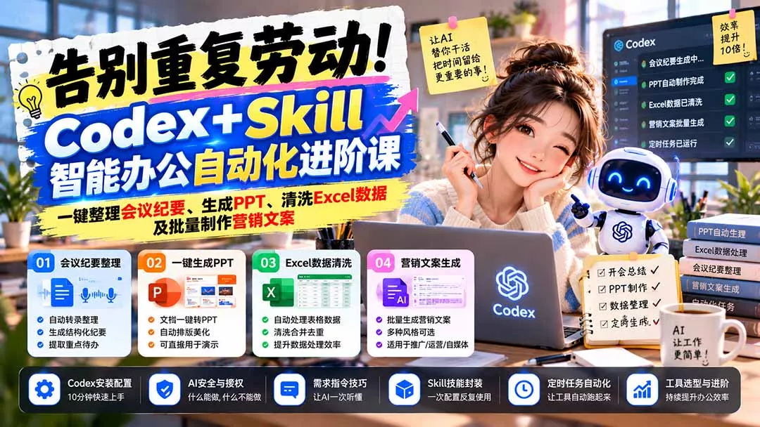 告别重复劳动！Codex+Skill智能办公自动化进阶课：一键整理会议纪要、生成PPT、清洗Excel数据及批量制作营销文案 《鱼见海科技》-鱼见海资源网-免费PHP网站源码模板,插件软件网创AI智能体资源分享平台！