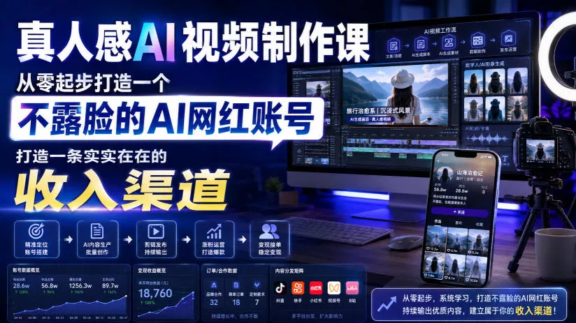 真人感AI视频制作课，从零起步打造一个不露脸的AI网红账号，打造一条实实在在的收入渠道【原创双语字幕】-聚码资源