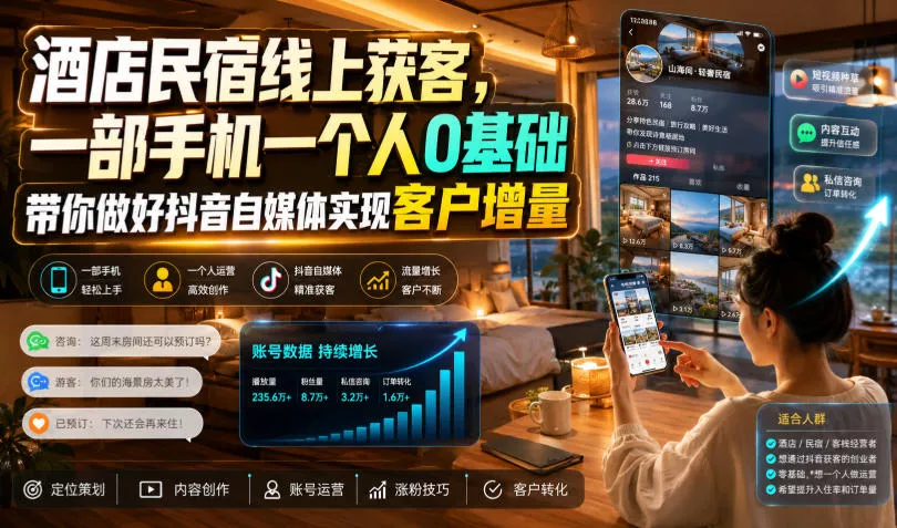酒店民宿线上获客，一部手机一个人0基础带你做好抖音自媒体实现客户增量 《鱼见海科技》-鱼见海资源网-免费PHP网站源码模板,插件软件网创AI智能体资源分享平台！