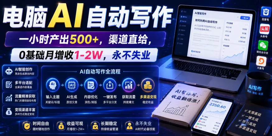 电脑AI自动写作，一小时产出500+，渠道直给，0基础月增收1-2W，永不失业【揭秘】客创社区-专注互联网轻资产资源整合与分享客创社区-专注互联网轻资产资源整合与分享
