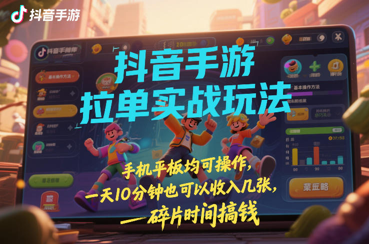 抖音手游拉单实战玩法，手机平板均可操作，一天10分钟也可以收入几张，碎片时间搞钱【揭秘】主用 -、辅助 +中赚资源