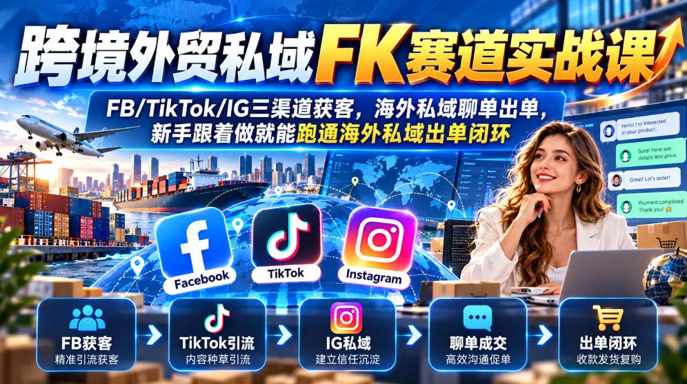 跨境外贸私域FK赛道实战课｜FB/TikTok/IG三渠道获客，海外私域聊单出单，新手跟着做就能跑通海外私域出单闭环 《鱼见海科技》-鱼见海资源网-免费PHP网站源码模板,插件软件网创AI智能体资源分享平台！
