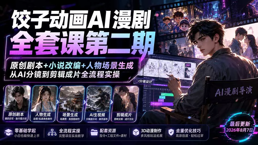 饺子动画AI漫剧全套课第二期：原创剧本+小说改编+人物场景生成，从AI分镜到剪辑成片全流程实操 《鱼见海科技》-鱼见海资源网-免费PHP网站源码模板,插件软件网创AI智能体资源分享平台！