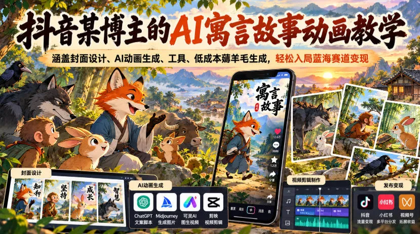 抖音某博主的AI寓言故事动画教学，涵盖封面设计、AI动画生成、工具、低成本薅羊毛生成，轻松入局蓝海赛道变现客创社区-专注互联网轻资产资源整合与分享客创社区-专注互联网轻资产资源整合与分享