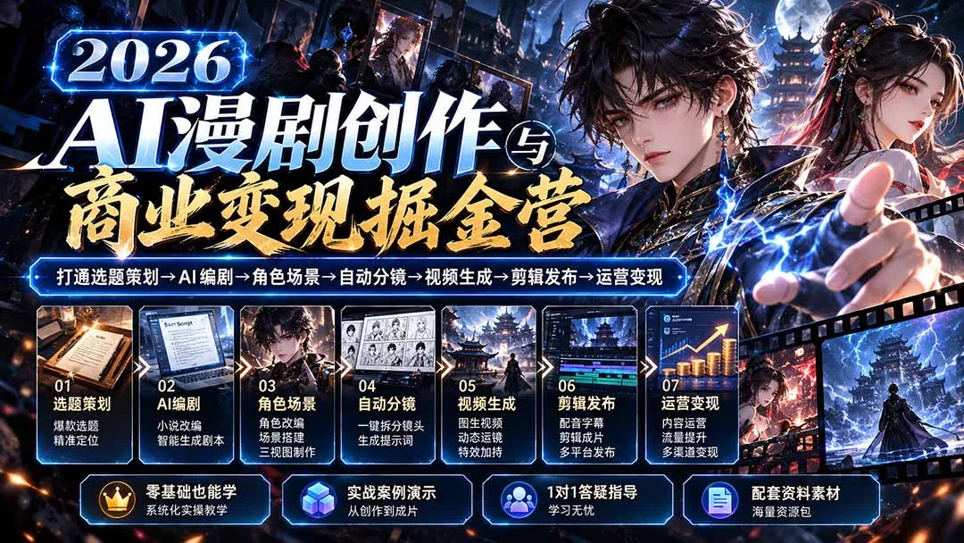 【无水印】2026AI漫剧创作与商业变现掘金营：打通选题→AI编剧→角色场景→自动分镜→视频生成→剪辑发布→运营变现 《鱼见海科技》-鱼见海资源网-免费PHP网站源码模板,插件软件网创AI智能体资源分享平台！