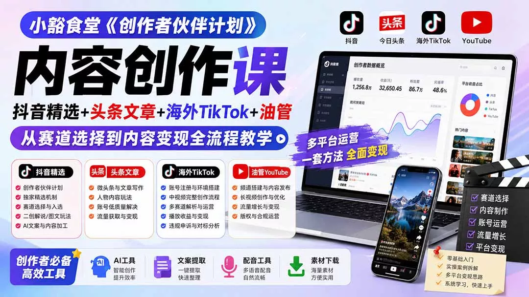 小豁食堂《创作者伙伴计划》内容创作课：抖音精选+头条文章+海外T