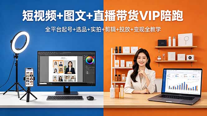 短视频+图文+直播带货VIP陪跑，全平台起号+选品+实拍+剪辑+投放+变现全教学-九九网创