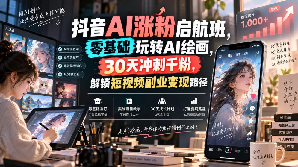 抖音AI涨粉启航班，零基础玩转AI绘画，30天冲刺千粉，解锁短视频副业变现路径客创社区-专注互联网轻资产资源整合与分享客创社区-专注互联网轻资产资源整合与分享