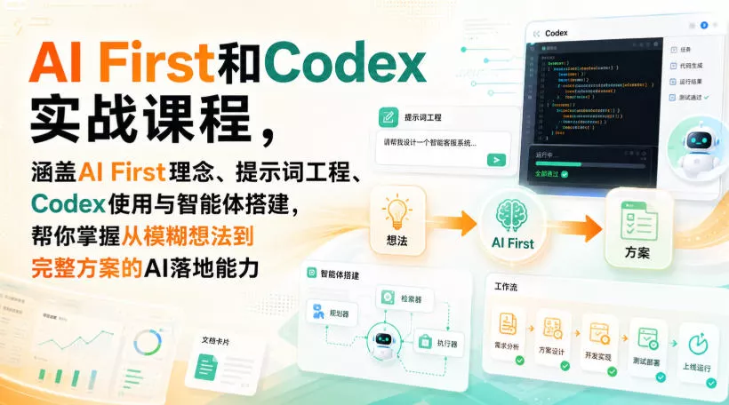 AI First和Codex实战课，涵盖AI First理念、提示词工程、Codex使用与智能体搭建，掌握从模糊想法到完整方案的AI落地能力客创社区-专注互联网轻资产资源整合与分享客创社区-专注互联网轻资产资源整合与分享