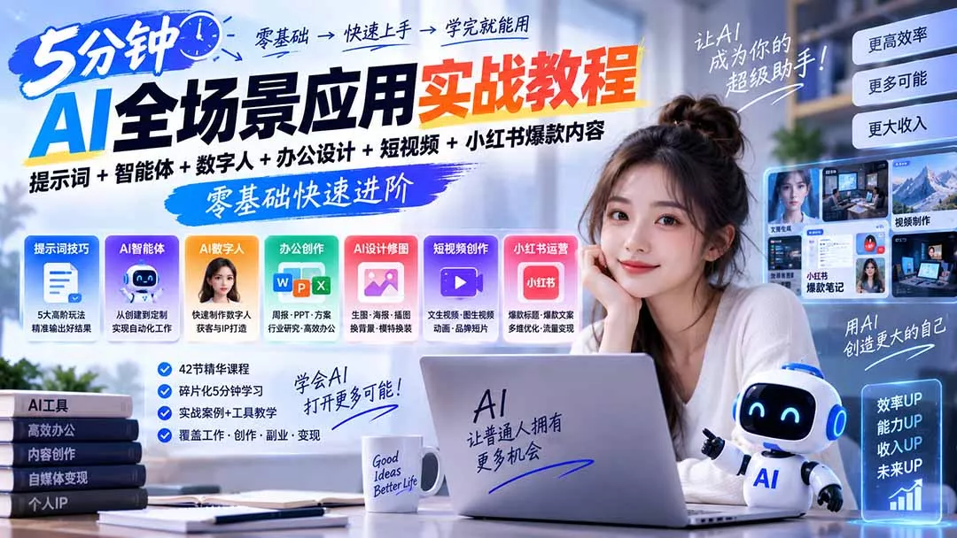 AI全场景应用实战教程｜提示词+智能体+数字人+办公设计+短视频+小红书爆款内容，零基础快速进阶-鱼见海资源网-免费PHP网站源码模板,插件软件网创AI智能体资源分享平台！