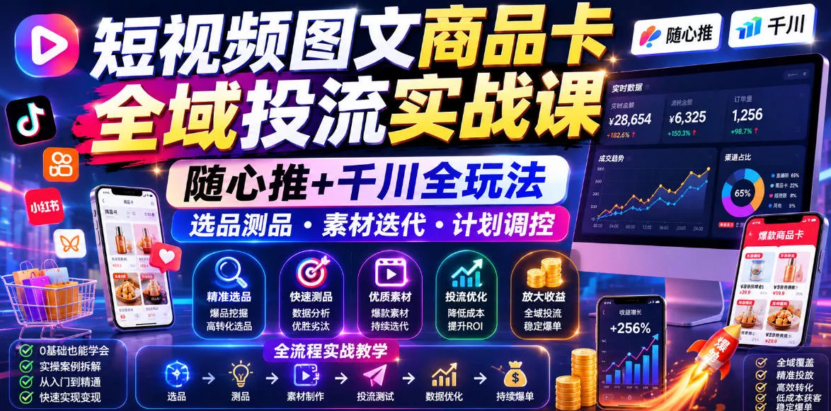 短视频图文商品卡全域投流实战课，随心推+千川全玩法，选品测品・素材迭代・计划调控，提升ROI爆单增收教程-鱼见海资源网-免费PHP网站源码模板,插件软件网创AI智能体资源分享平台！