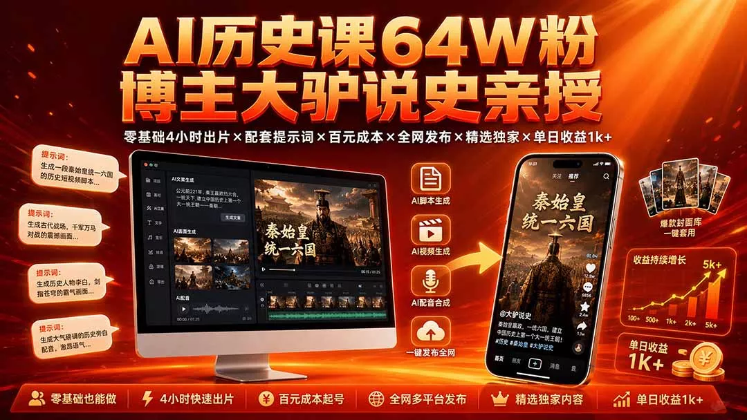 AI历史课64W粉博主大驴说史亲授：零基础4小时出片×配套提示词×百元成本×全网发布×精选独家×单日收益1k+客创社区-专注互联网轻资产资源整合与分享客创社区-专注互联网轻资产资源整合与分享