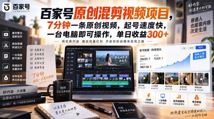 百家号原创混剪视频项目，7分钟一条原创视频，起号速度快，一台电脑即可操作，单日收益300+-鱼见海资源网-免费PHP网站源码模板,插件软件网创AI智能体资源分享平台！