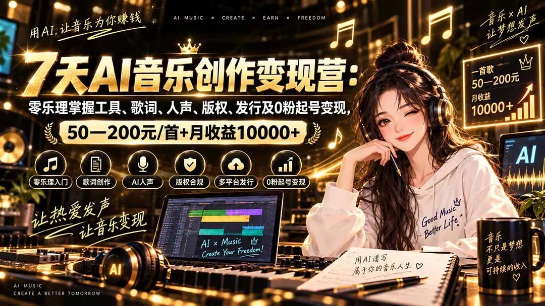 AI音乐创作变现营：零乐理掌握工具、歌词、人声、版权、发行及0粉