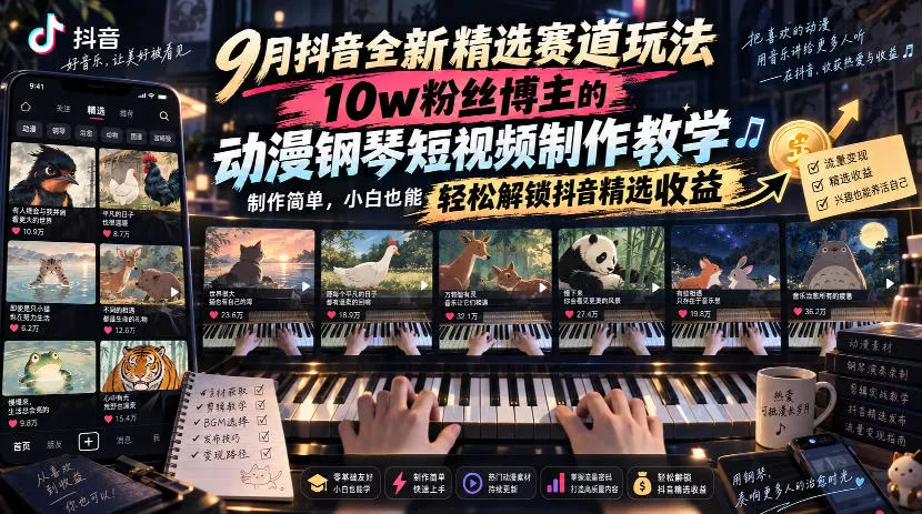9月抖音全新精选赛道玩法，10w粉丝博主的动漫钢琴短视频制作教学，制作简单，小白也能轻松解锁抖音精选收益-鱼见海资源网-免费PHP网站源码模板,插件软件网创AI智能体资源分享平台！