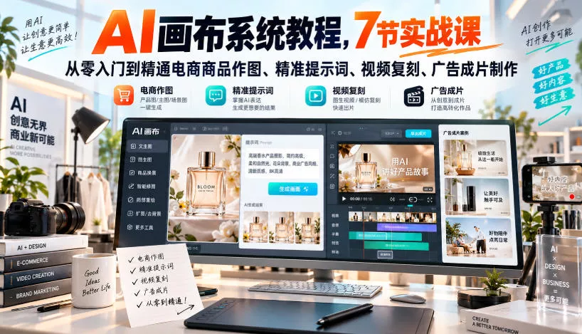 AI画布系统教程，7节实战课从零入门到精通电商商品作图、精准提示词、视频复刻、广告成片制作 《鱼见海科技》-鱼见海资源网-免费PHP网站源码模板,插件软件网创AI智能体资源分享平台！