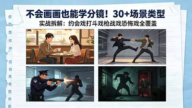 不会画画也能学分镜！30+场景类型实战拆解：约会戏打斗戏枪战戏恐怖戏全覆盖 《鱼见海科技》-鱼见海资源网-免费PHP网站源码模板,插件软件网创AI智能体资源分享平台！
