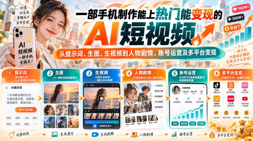 【无水印】一部手机制作能上热门能变现的AI短视频，从提示词、生图、生视频到人物剧情、账号运营及多平台变现(更新)客创社区-专注互联网轻资产资源整合与分享客创社区-专注互联网轻资产资源整合与分享