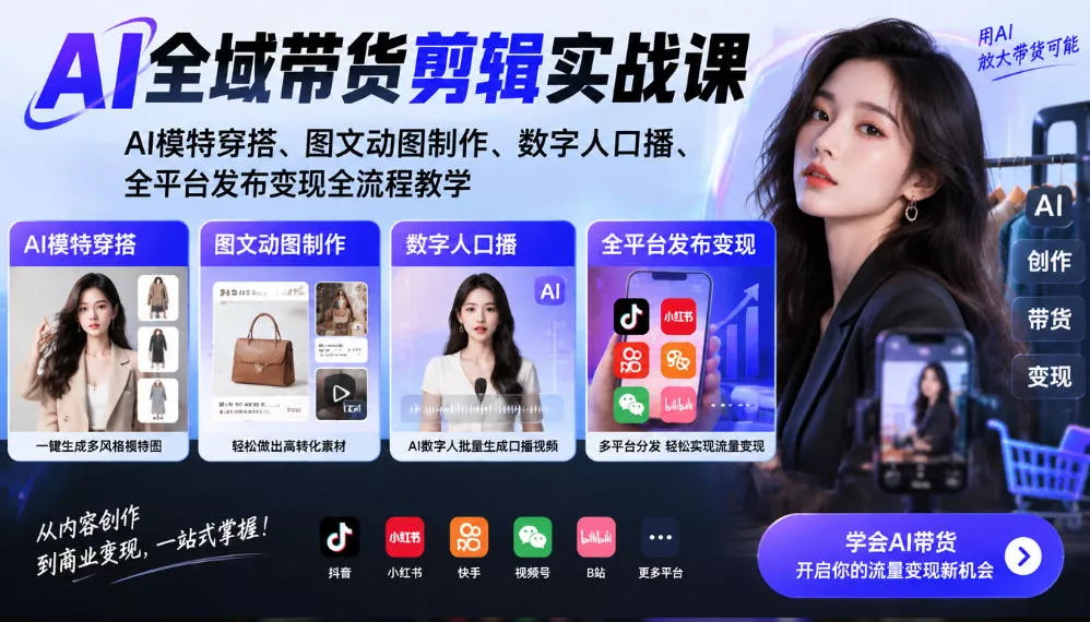 AI全域带货剪辑实战课｜AI模特穿搭、图文动图制作、数字人口播、全平台发布变现全流程教学 《鱼见海科技》-鱼见海资源网-免费PHP网站源码模板,插件软件网创AI智能体资源分享平台！