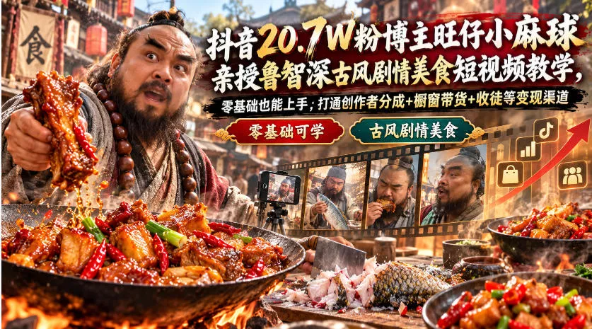 抖音20.7W粉博主旺仔小麻球亲授鲁智深古风剧情美食短视频教学，零基础也能上手，打通创作者分成+橱窗带货+收徒等变现渠道-鱼见海资源网-免费PHP网站源码模板,插件软件网创AI智能体资源分享平台！
