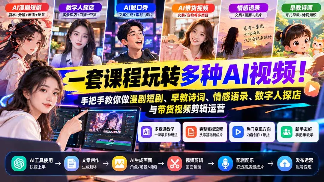 【无水印】一套课程玩转多种AI视频！手把手教你做漫剧短剧、早教诗词、情感语录、数字人探店与带货视频剪辑运营 《鱼见海科技》-鱼见海资源网-免费PHP网站源码模板,插件软件网创AI智能体资源分享平台！