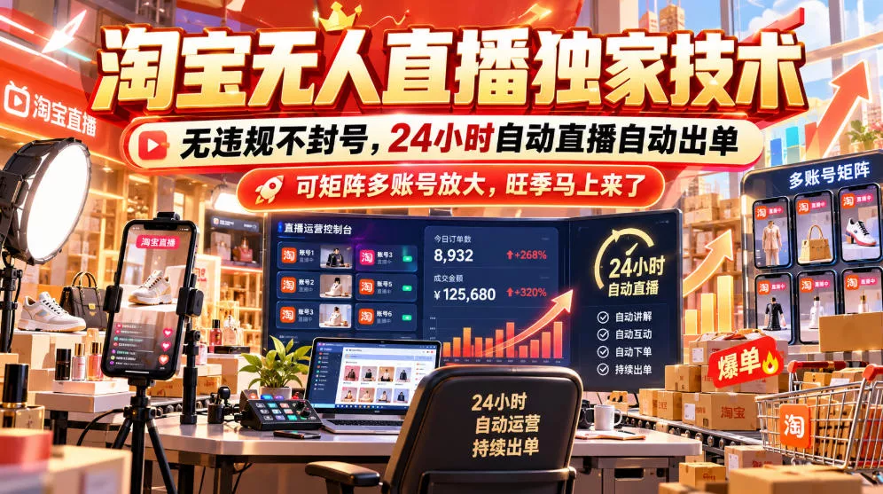 淘宝无人直播独家技术，无违规不账号限制，24小时自动直播自动出单，可矩阵多账号放大，旺季马上来了【揭秘】 《鱼见海科技》-鱼见海资源网-免费PHP网站源码模板,插件软件网创AI智能体资源分享平台！