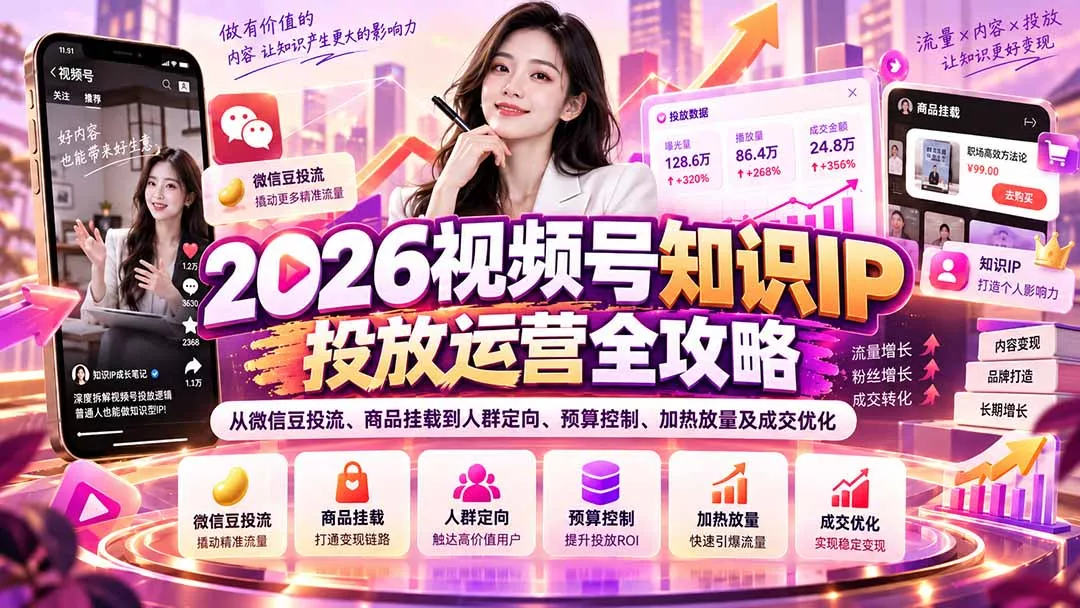 2026视频号知识IP投放运营全攻略：从微信豆投流、商品挂载到人群定向、预算控制、加热放量及成交优化-鱼见海资源网-免费PHP网站源码模板,插件软件网创AI智能体资源分享平台！