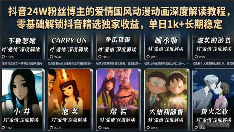 抖音24W粉丝博主的爱情国风动漫动画深度解读教程，零基础解锁抖音精选独家收益，单日1k+长期稳定客创社区-专注互联网轻资产资源整合与分享客创社区-专注互联网轻资产资源整合与分享