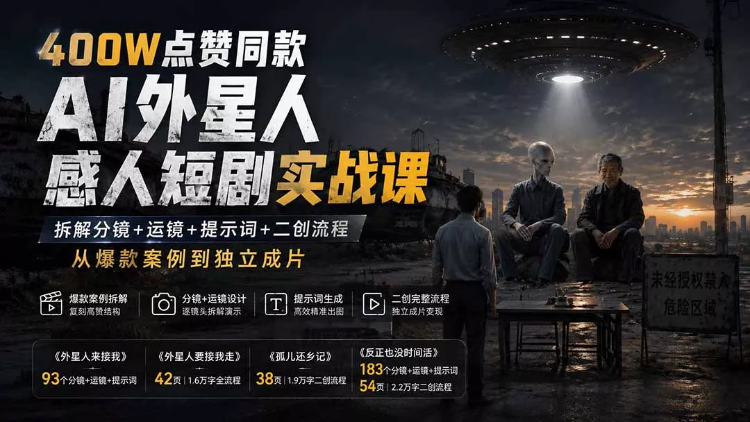 400W点赞同款AI外星人感人短剧实战课：拆解分镜+运镜+提示词+二创流程，从爆款案例到独立成片星享资源网星享资源网