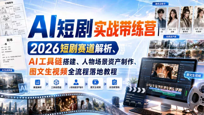 AI短剧实战带练营｜2026短剧赛道解析、AI工具链搭建、人物场景资产制作、图文生视频全流程落地教程客创社区-专注互联网轻资产资源整合与分享客创社区-专注互联网轻资产资源整合与分享