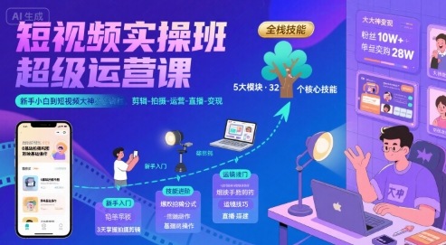 短视频实操班超级运营课，新手小白到短视频大神必修课程，剪辑-拍摄-运营-直播-变现-客创社 - 专注互联网轻资产创业及网络项目资源整合与分享客创社-免费且强大的项目分享网站！