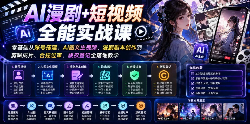 AI漫剧+短视频全能实战课｜零基础从账号搭建、AI图文生视频、漫剧剧本创作到剪辑成片、合规过审、版权登记全落地教学客创社区-专注互联网轻资产资源整合与分享客创社区-专注互联网轻资产资源整合与分享
