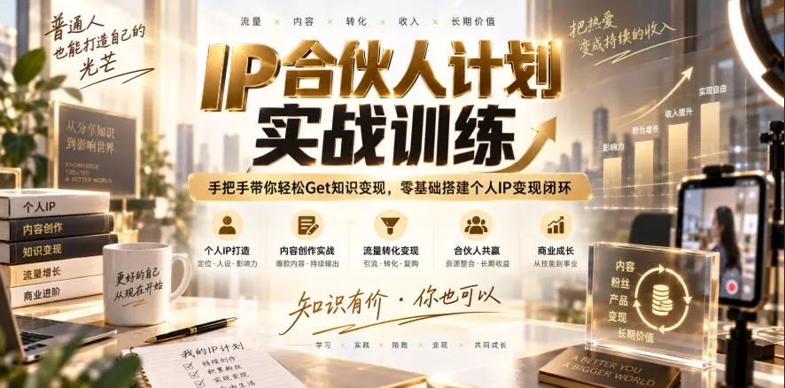 IP合伙人计划实战训练，手把手带你轻松Get知识变现，零基础搭建个人IP变现闭环(更新260908)主用 -、辅助 +中赚AI网