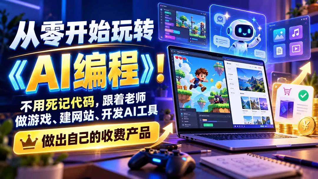 从零开始玩转《AI编程》！不用死记代码，跟着老师做游戏、建网站、开发AI工具，最后完成自己的收费产品客创社区-专注互联网轻资产资源整合与分享客创社区-专注互联网轻资产资源整合与分享